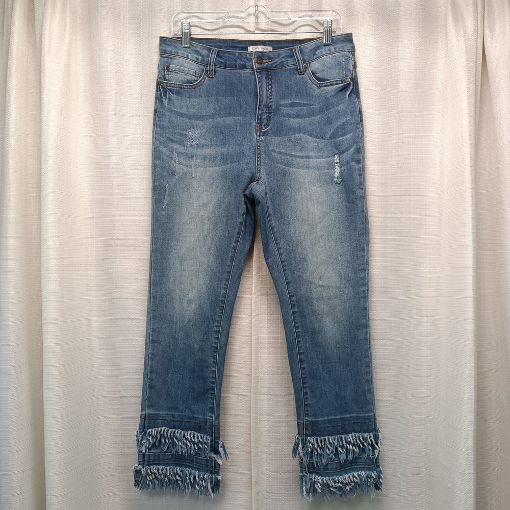 John Mark Womens 8 Fringe Hem Cropped Jeans Medium Wash Distressed Denim Chic